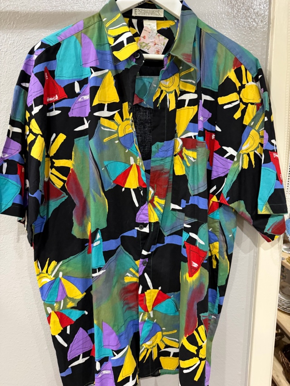 Expressions Multicolor Beach Print Short Sleeve Button-Down Shirt